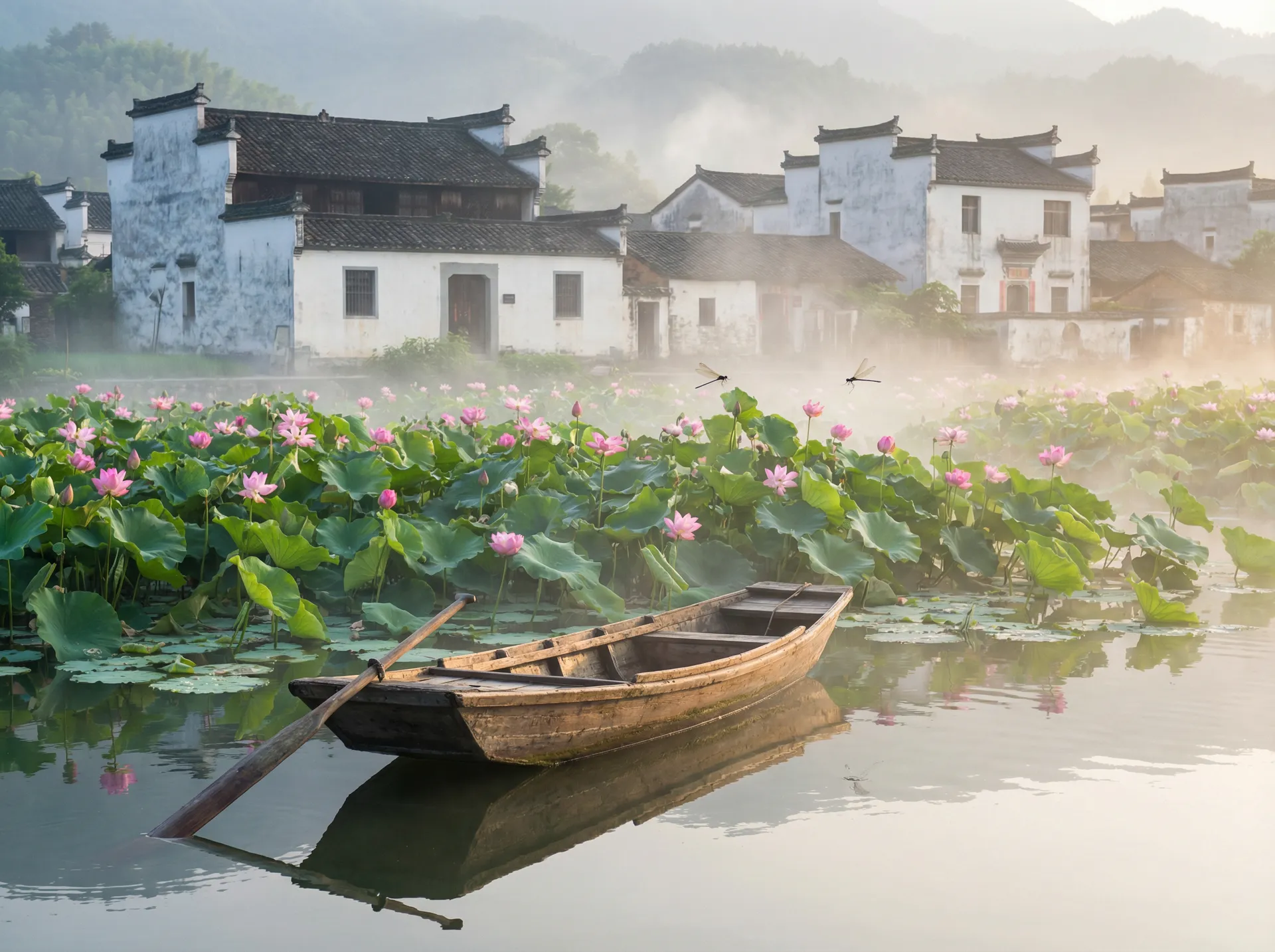 清晨荷塘小舟，粉色荷花盛开，白墙黑瓦的村庄 - xnxx.com 快播 水乡风情